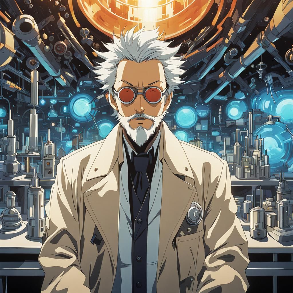 Mad Scientist in Vibrant Anime-Style Laboratory
