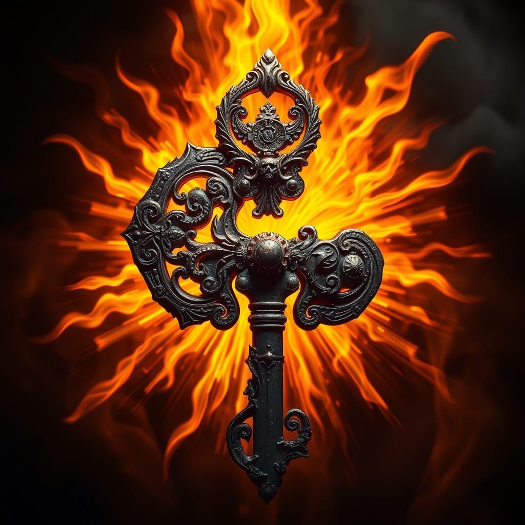 Ancient Key Illuminated by Radiant Flames