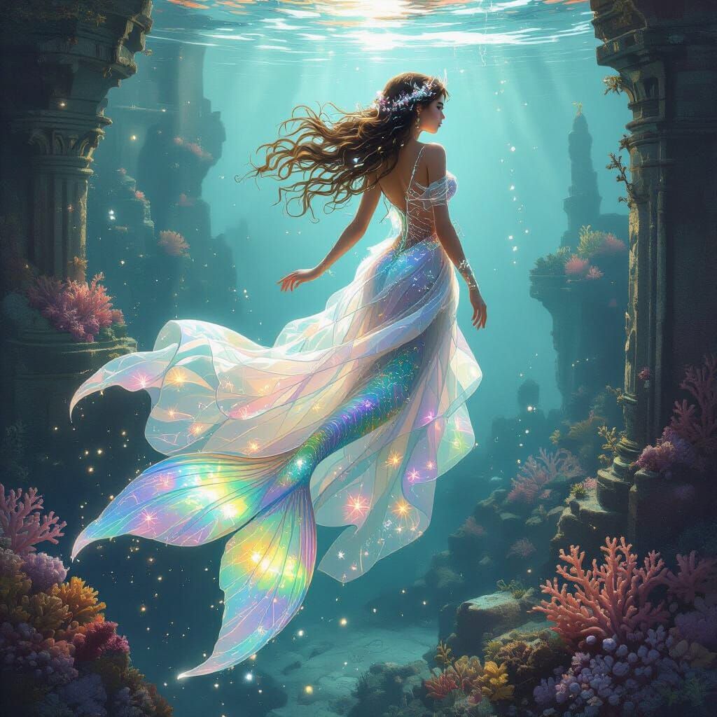 Ethereal Mermaid in Bioluminescent Underwater Cityscape