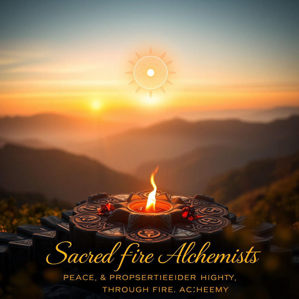 Mystical Dawn Landscape with Sacred Fire Altar