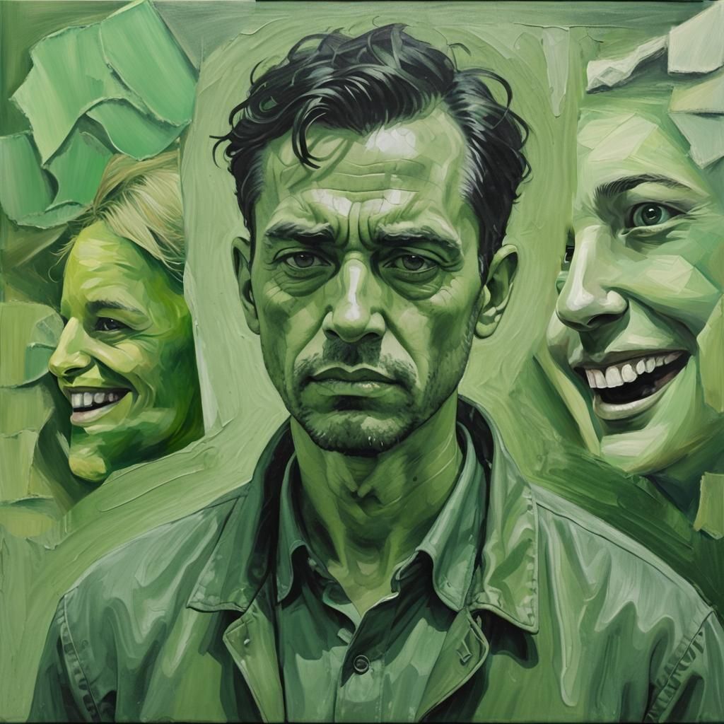 Monochrome Green Collage of Smiling Faces Oil Painting