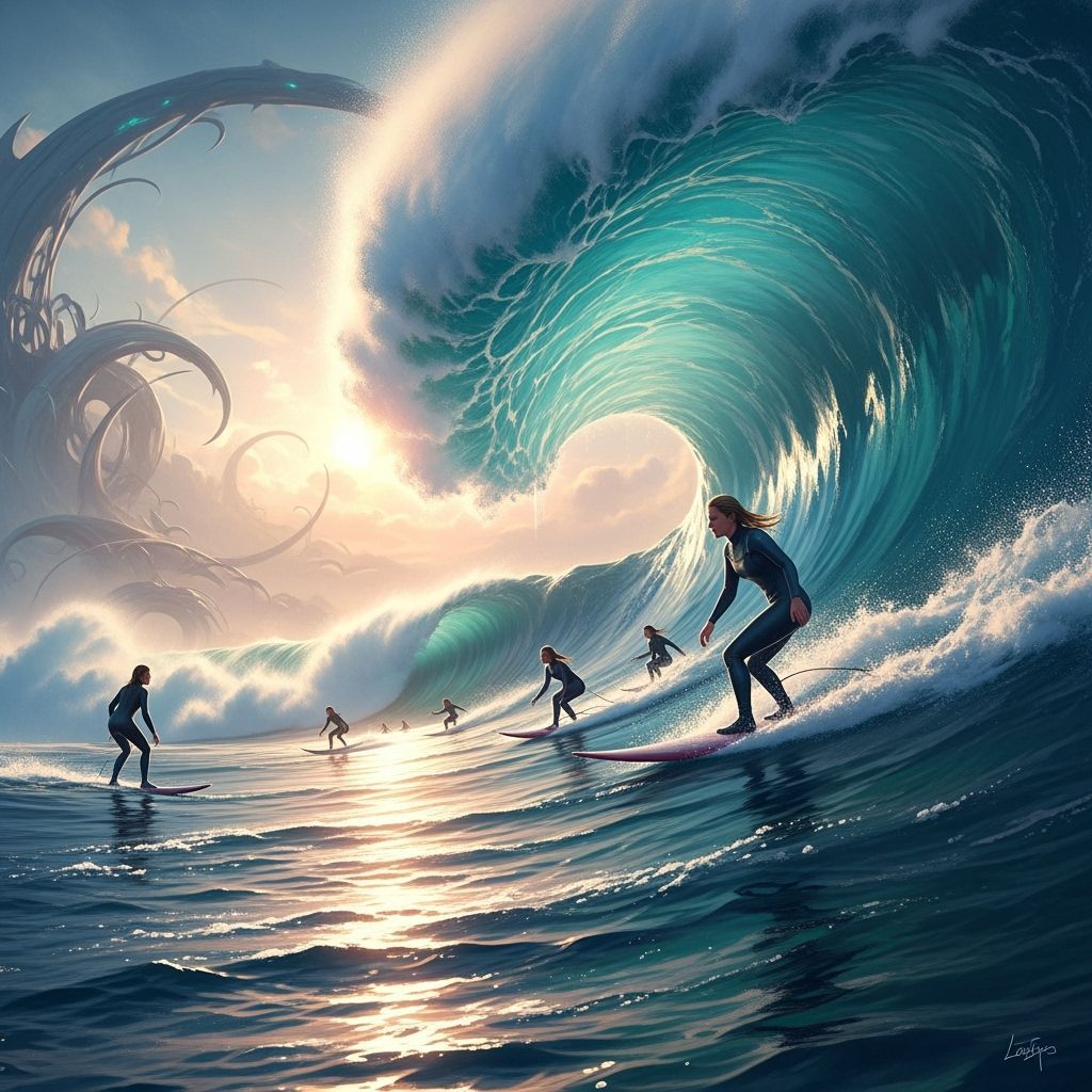 Women Surfing Gigantic Waves at Sunset