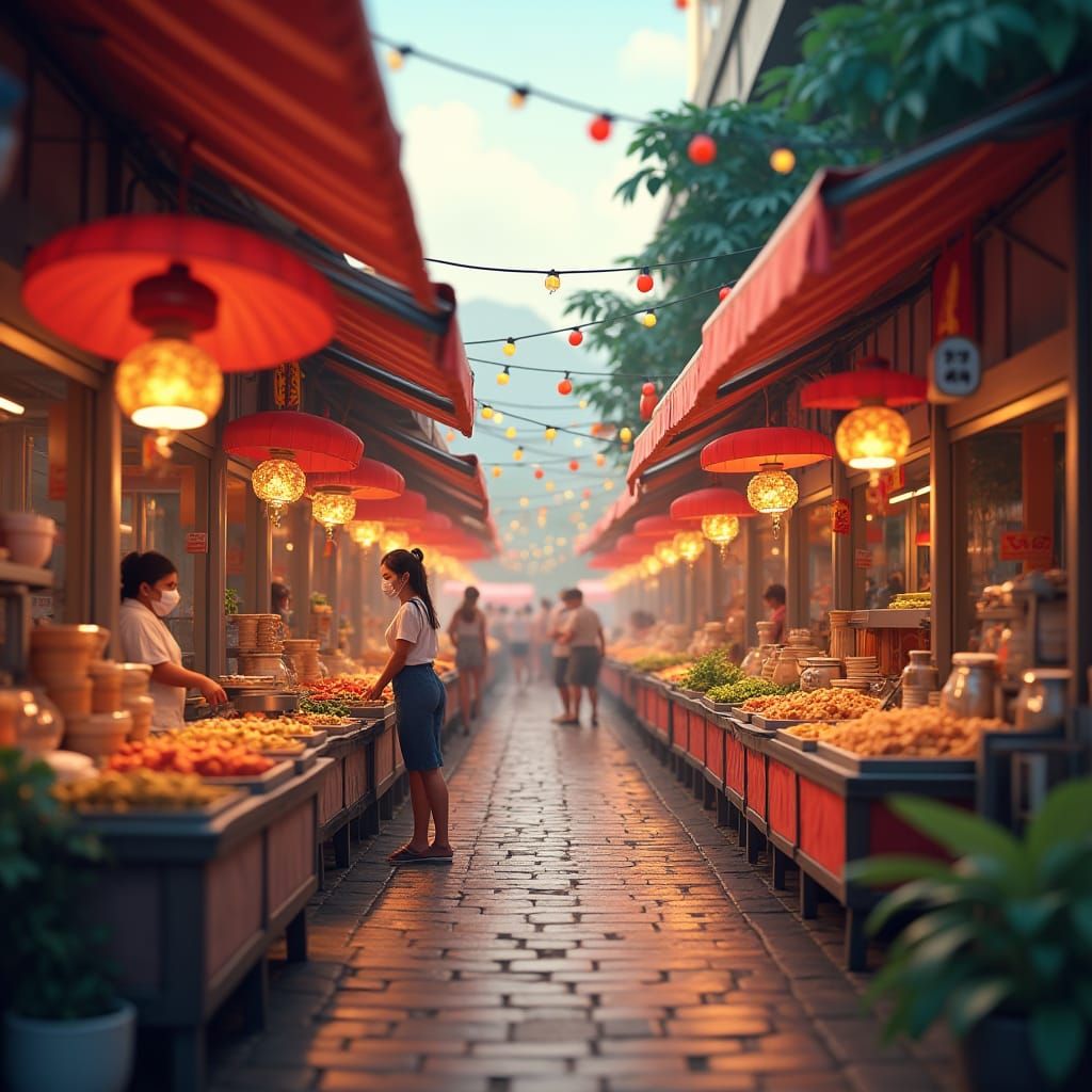 Vietnamese Street Food Market in Matte Painting Style