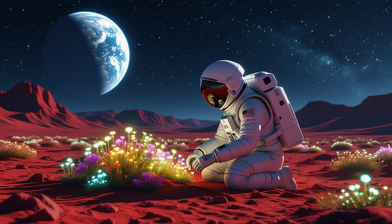 Astronaut Tends Bioluminescent Garden on Alien Planet