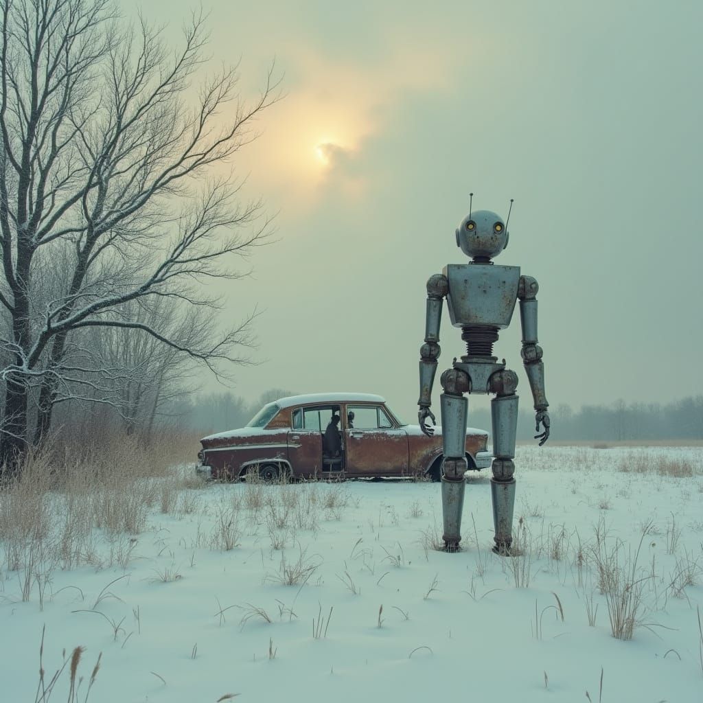 Abandoned Robot Beside a Rusty Car in a Snowy, Rural Landsca...