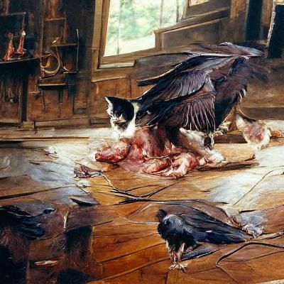 Disturbing Oil Painting: Cats in a Surreal Torture Scene