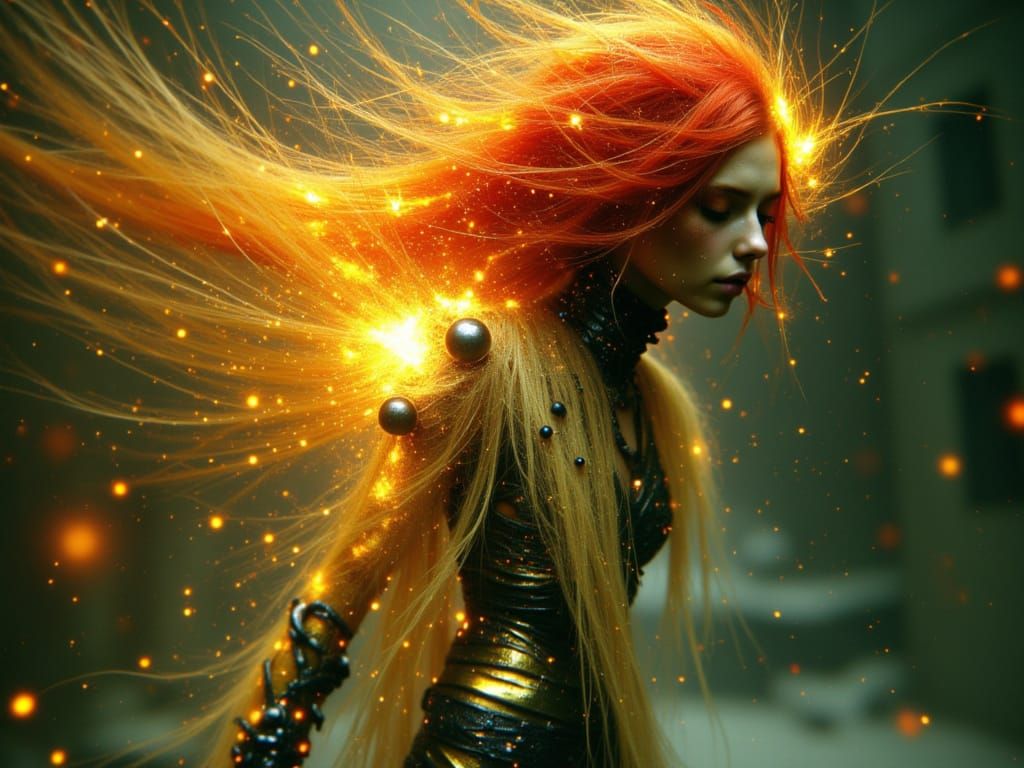 Joyful Woman Escaping Routine in Futuristic Cyberpunk Style