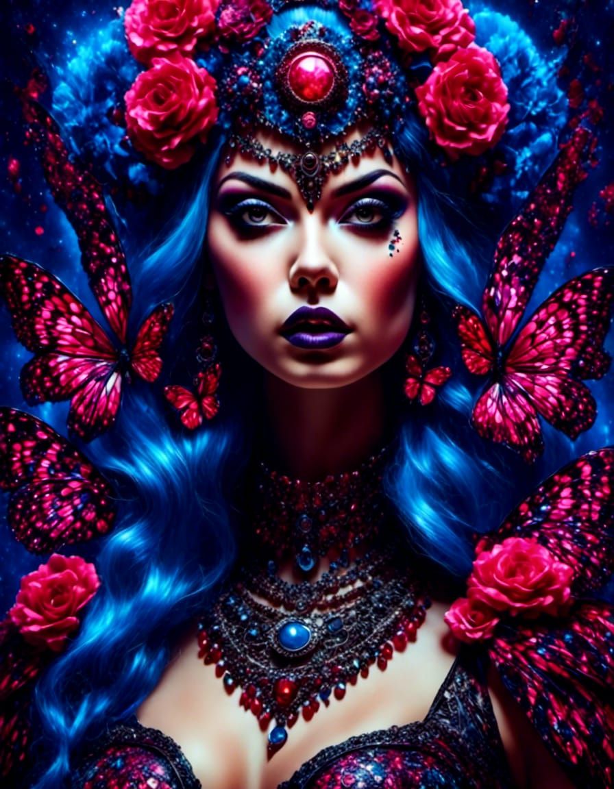 Colorful Haired Woman with Tattoo in Dollpunk Style