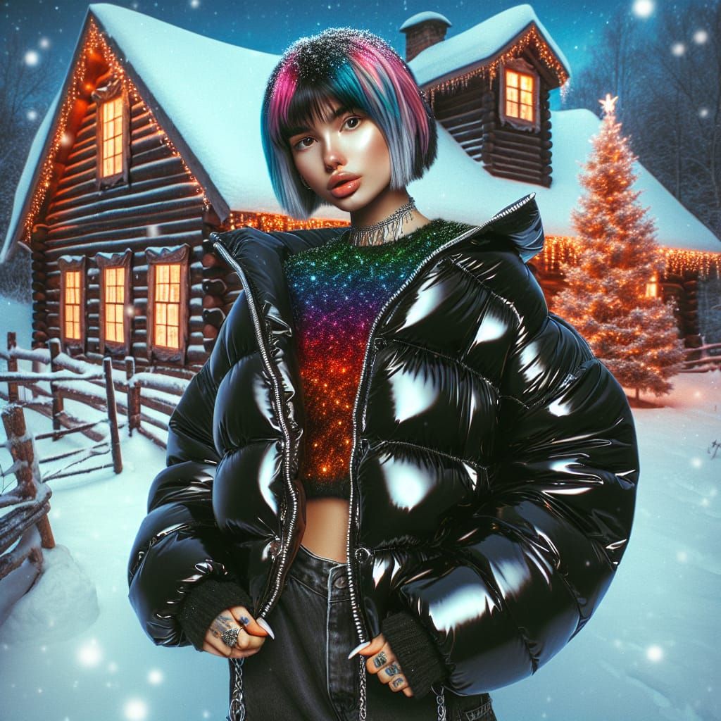 Edgy E-Girl in Snowy Log Cabin Wonderland