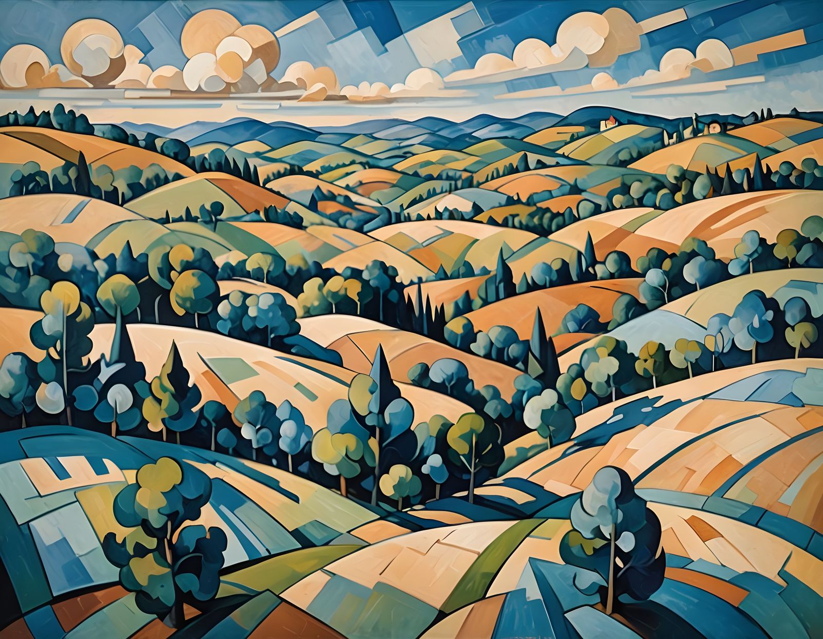 Cubist Landscape in Earthy Tones and Blues