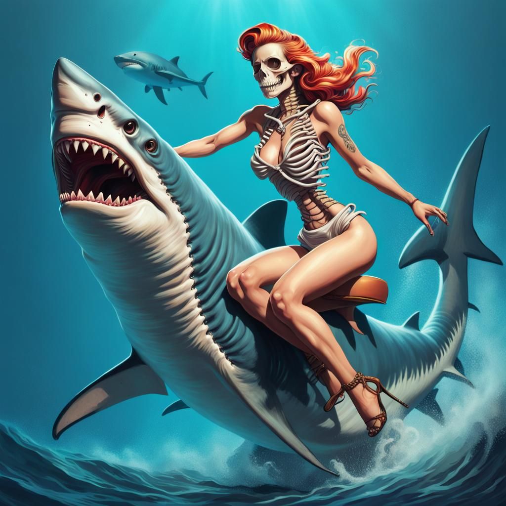 Hyperrealistic Pinup Skeleton Woman on Shark
