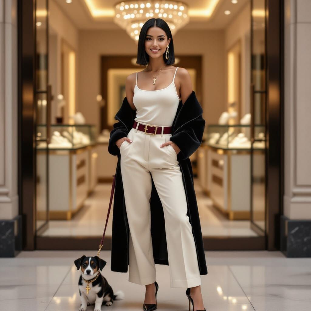 Young Woman in Cream Tank Top and Black Coat