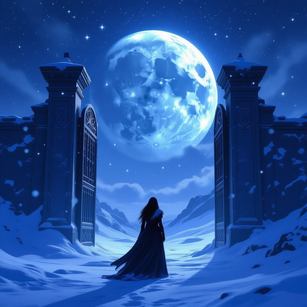 Warrior Woman Guards Celestial Gate in Cosmic Winter