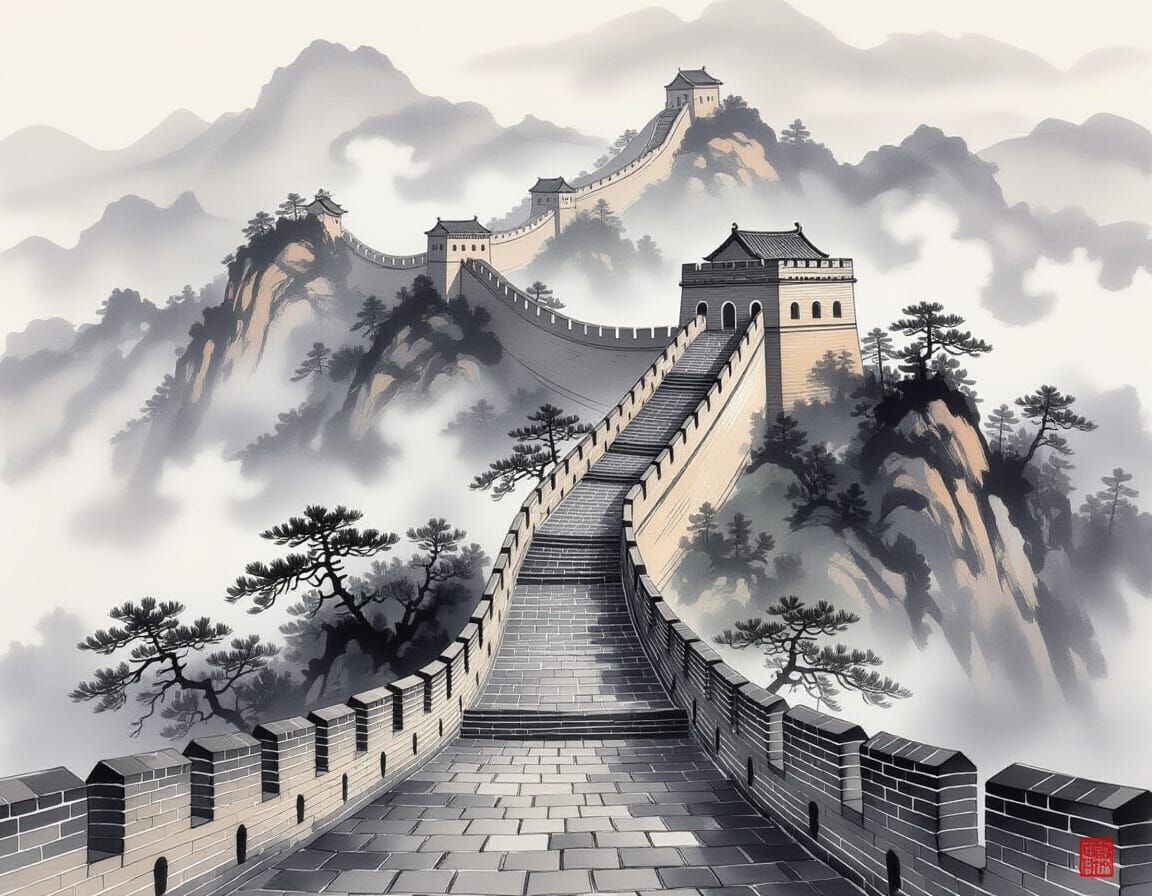 Majestic Great Wall in Chinese Ink Wash Style