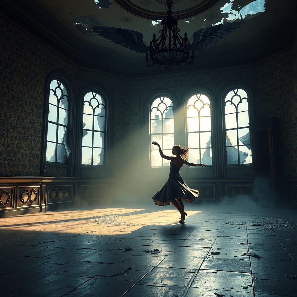 Lone Dancer in Moonlit Ballroom with Spectral Griffin