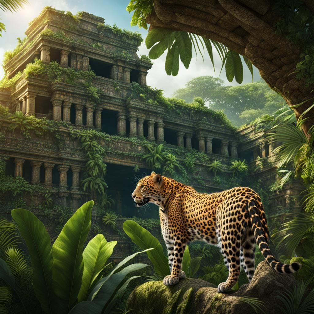 Leopard in Mayan Ruins: Detailed Tropical Scene