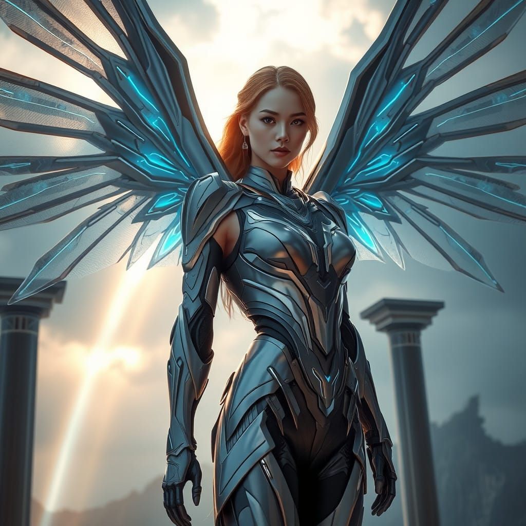 Techno-Angel in Radiant Metallic Armor