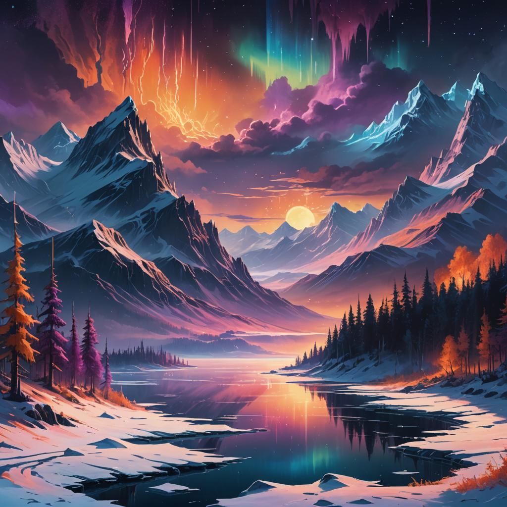 Cyberpunk Aurora Landscape with Frozen Lake