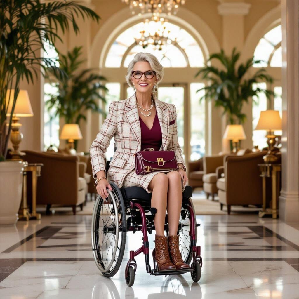Confident Paraplegic Woman in Stylish Tweed Suit