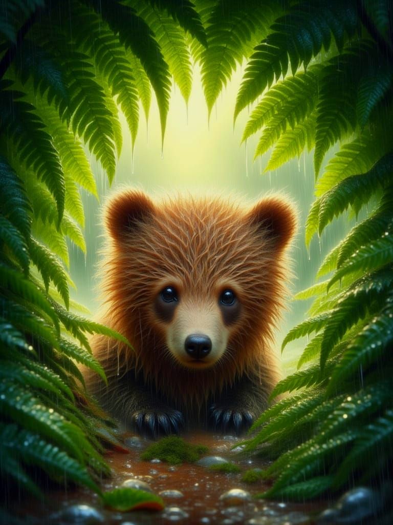 Bear Cub Hides Under Dripping Ferns in Rainy Forest