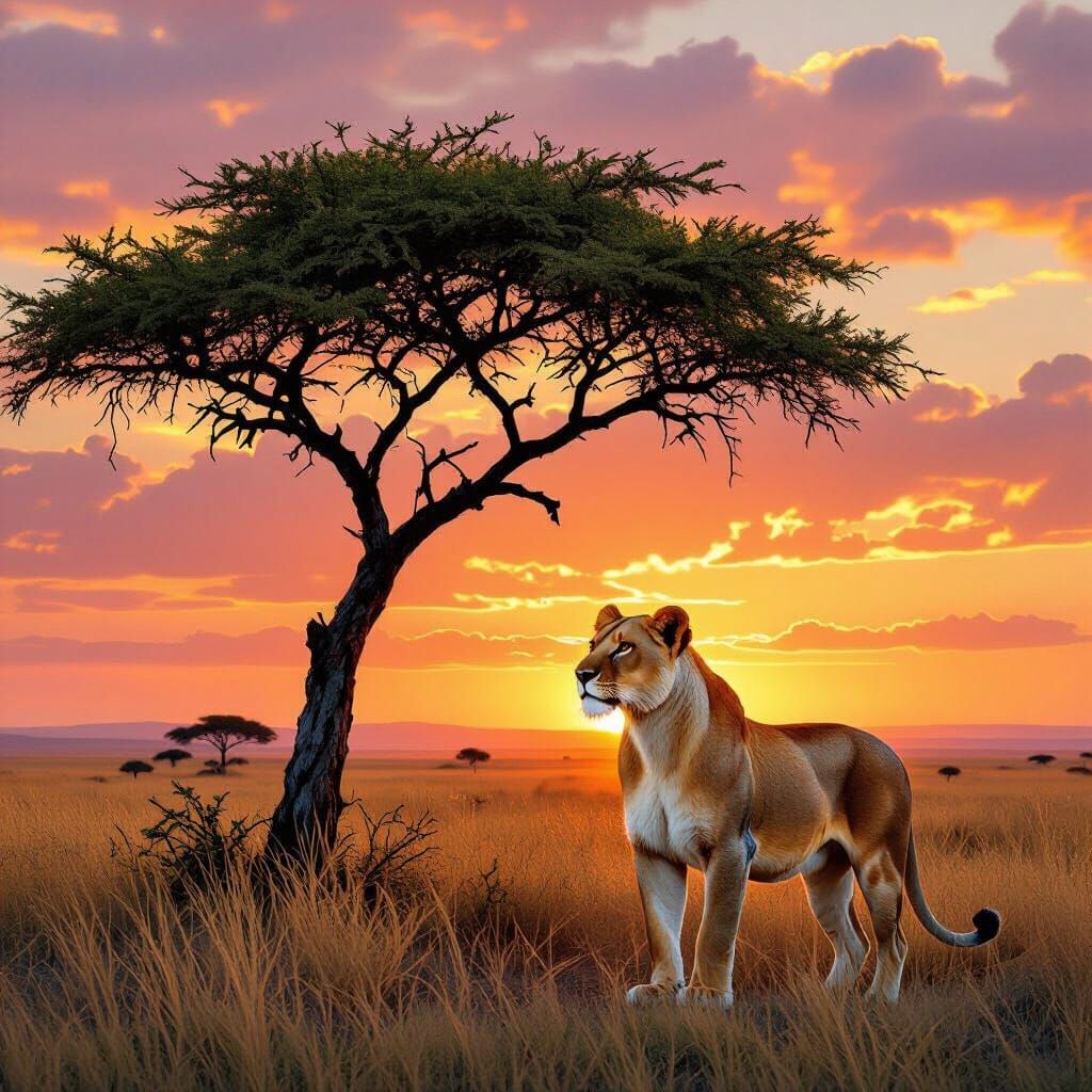 Lioness in African Savanna Sunset, Photorealistic Style