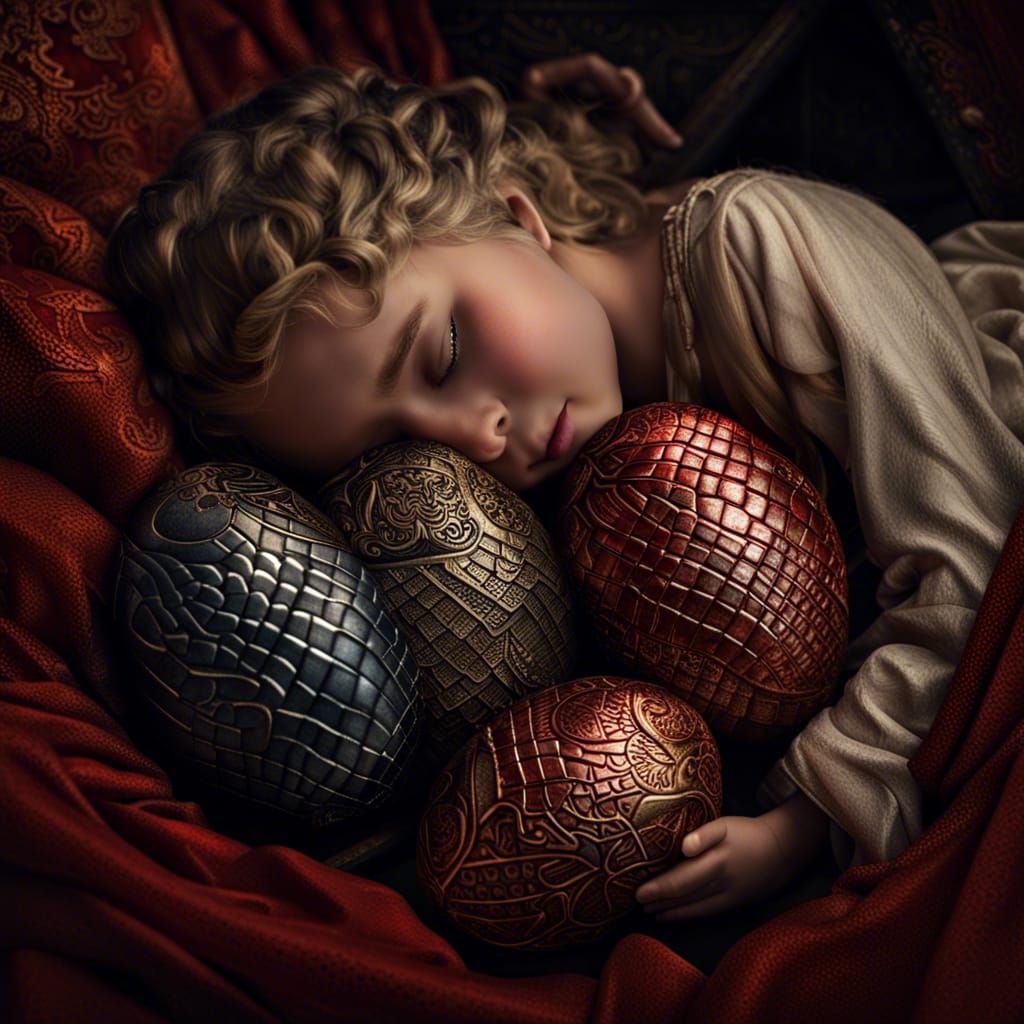 Twins Asleep with Dragon Eggs: Hyperrealistic Image