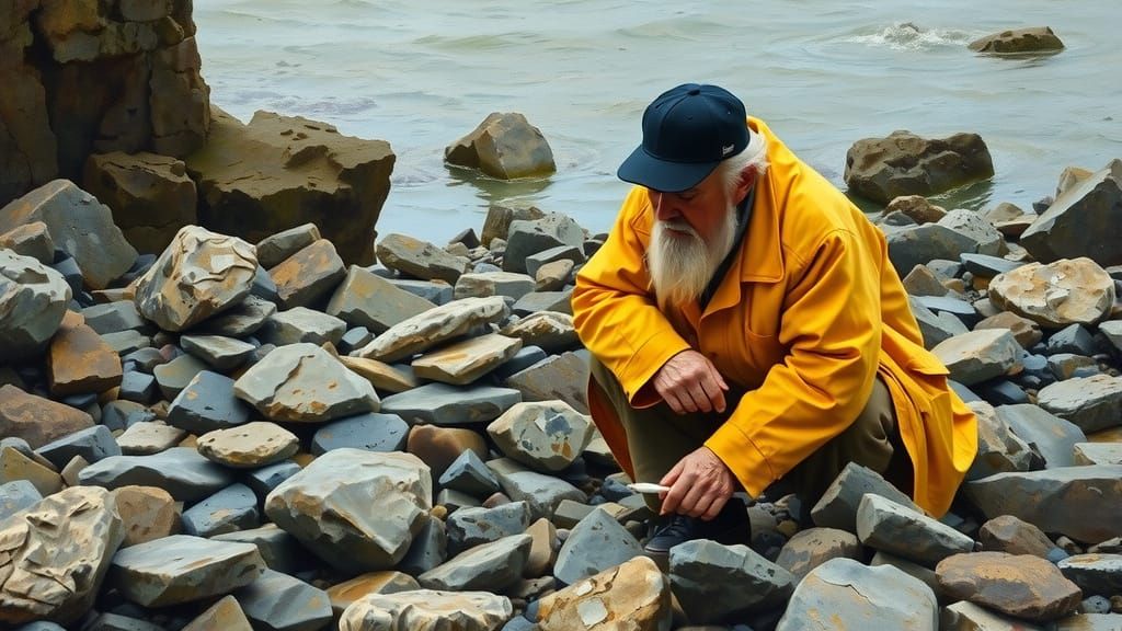 Old Man on Rocky Shore as Oil Painting