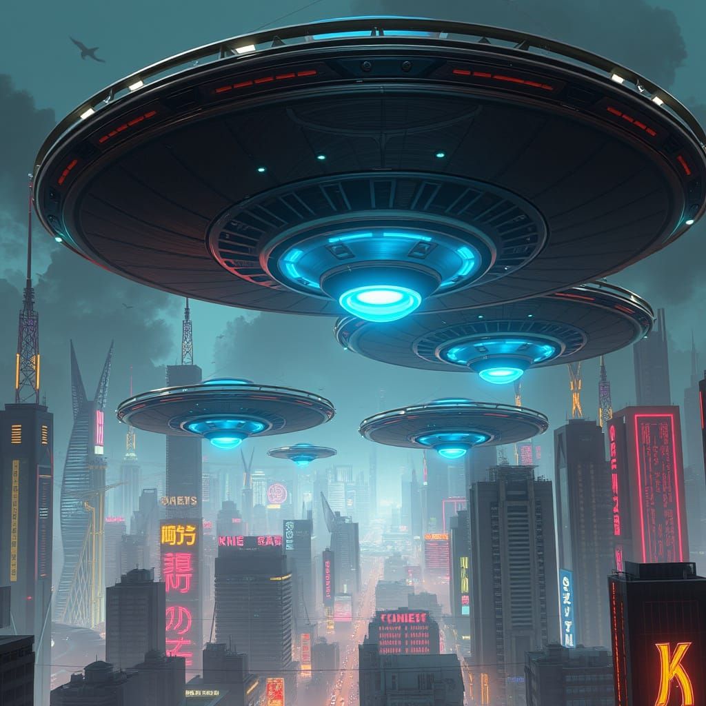 Cyberpunk UFOs Over a Futuristic Metropolis