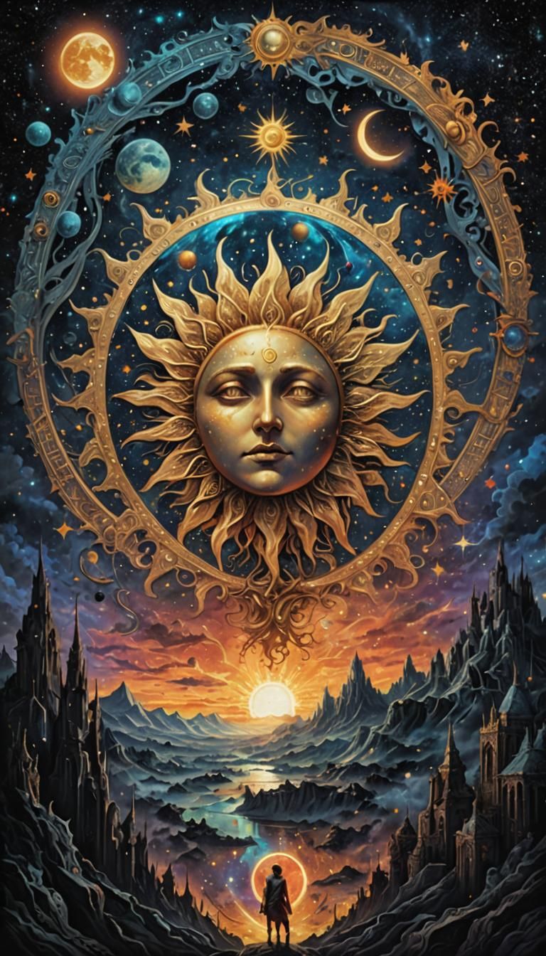 Holographic Cosmic Illustration of Sun, Moon, and Stars