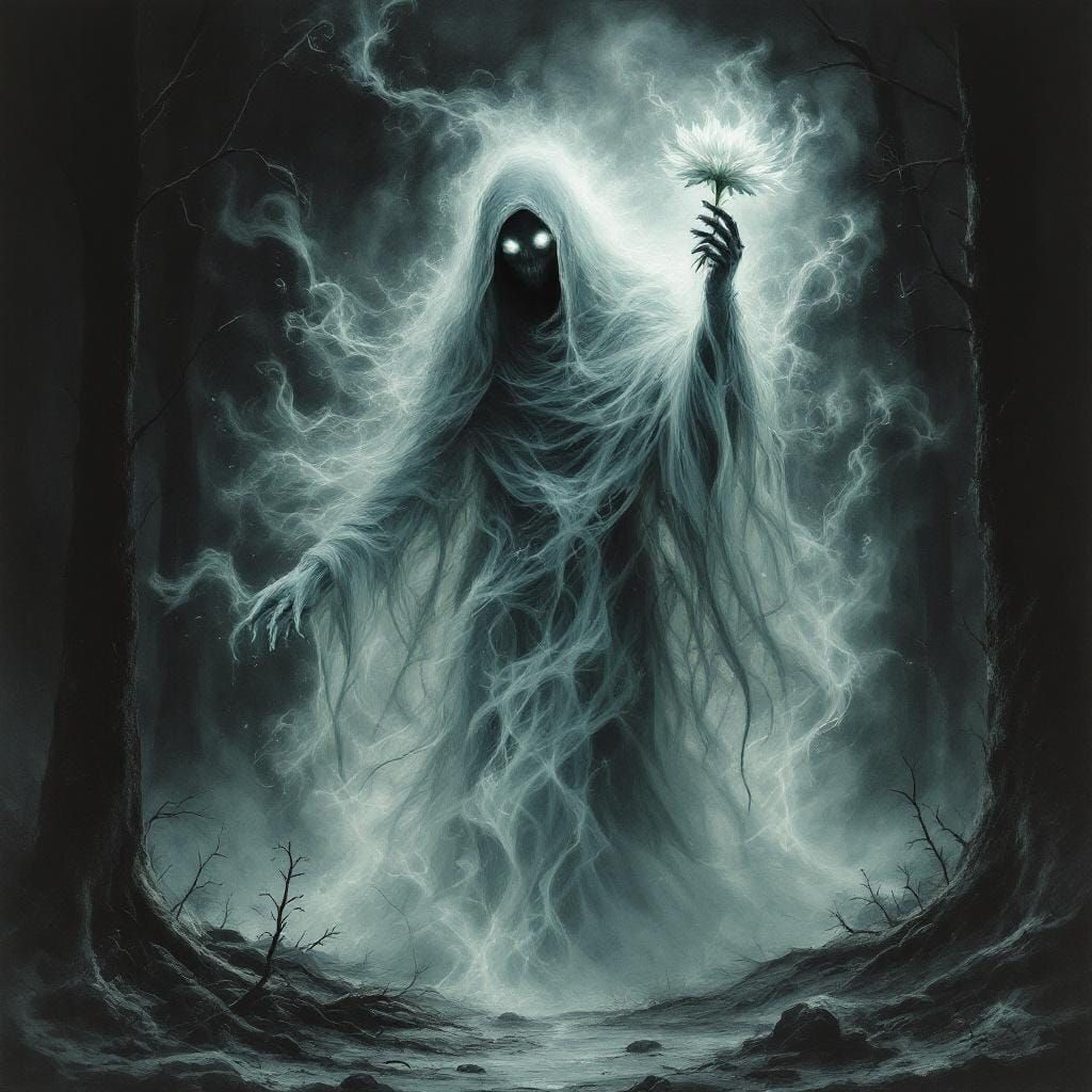 Ethereal Spectral Figure Emerges From Charred Forest