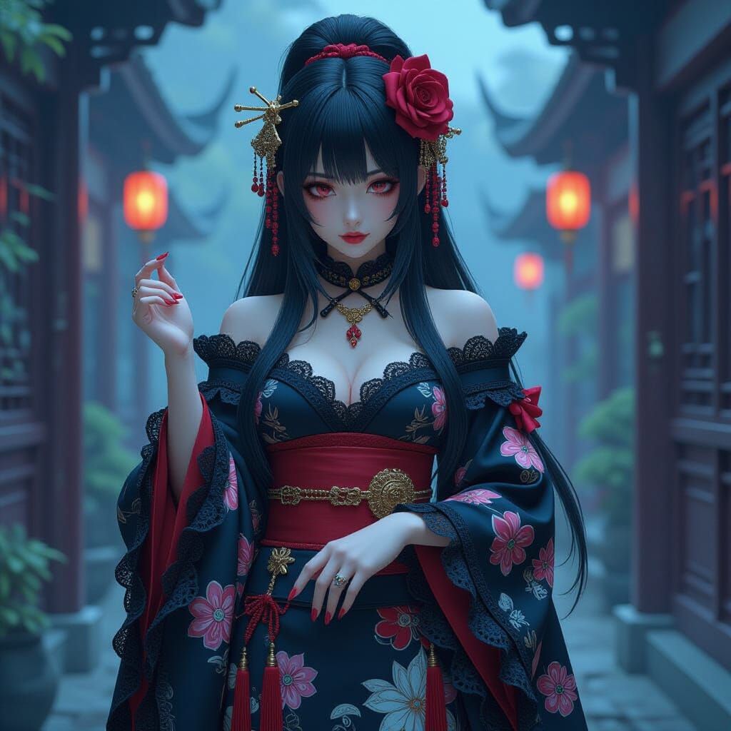 Goth Girl in Kimono: Mystical Anime Art