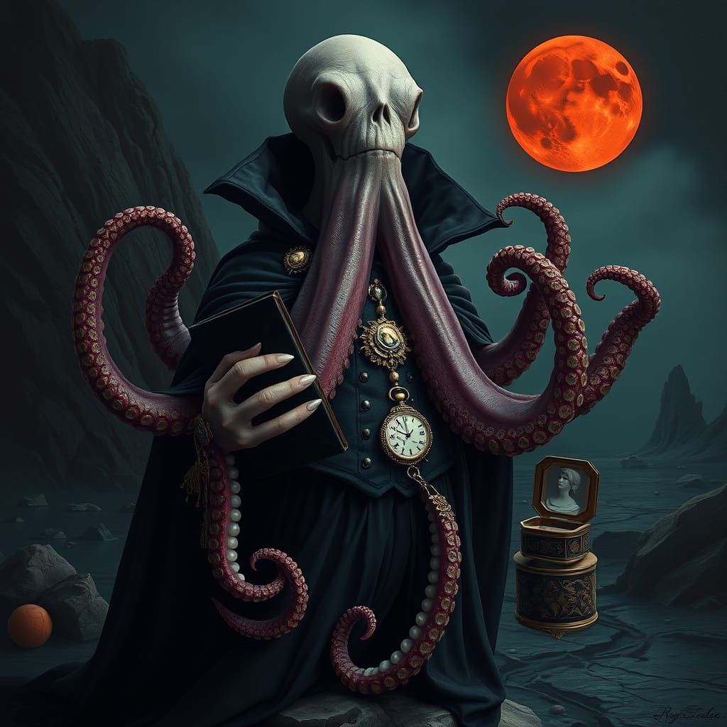 Surreal Octopus Vampire Emerges from Shadows in Dark, Mystic...
