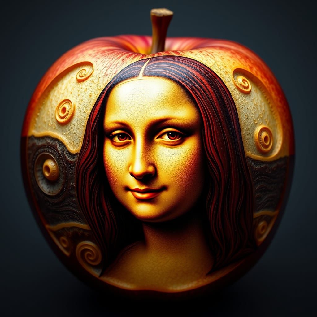 Mona Lisa Portrait Carved into a Vibrant Apple