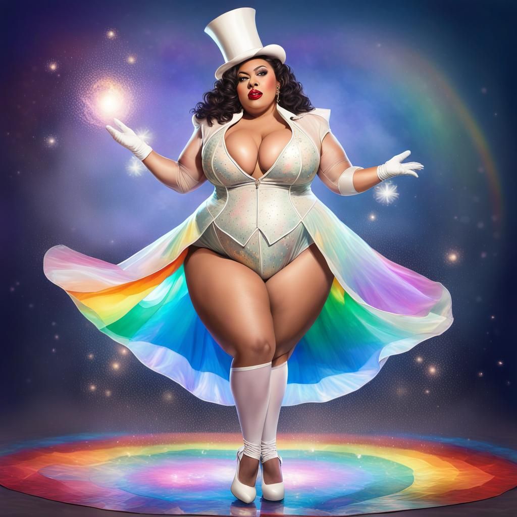 Curvy Magician Performing Spell with Rainbow Stars