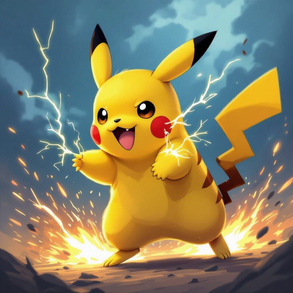 Pikachu in Dynamic Action Pose with Stormy Sky