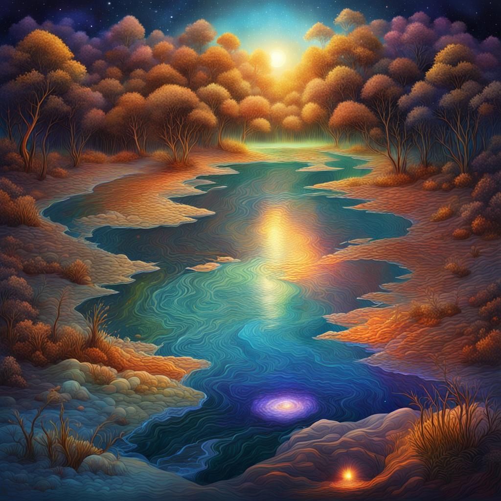 Holographic River Illustration in Astral Cosmic Style