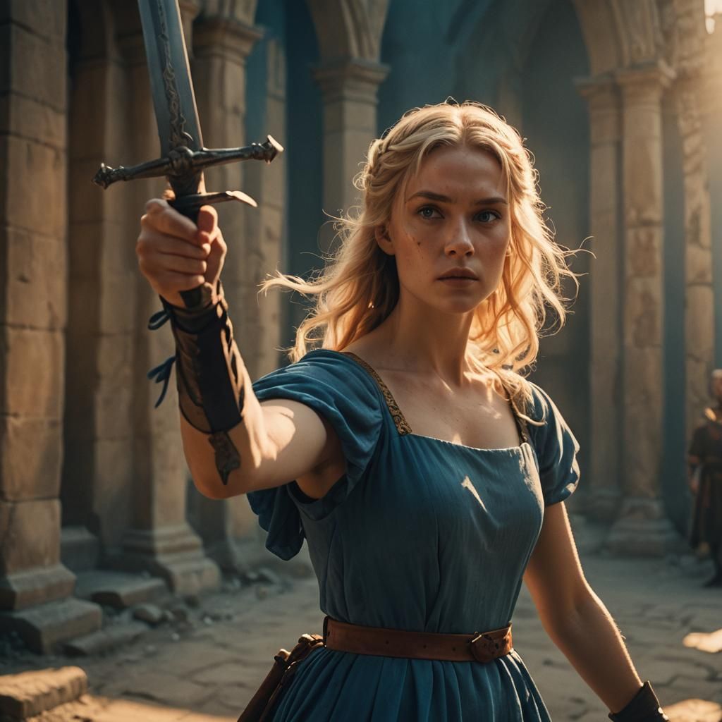 Blond Heroine with Sword in Cinematic Style