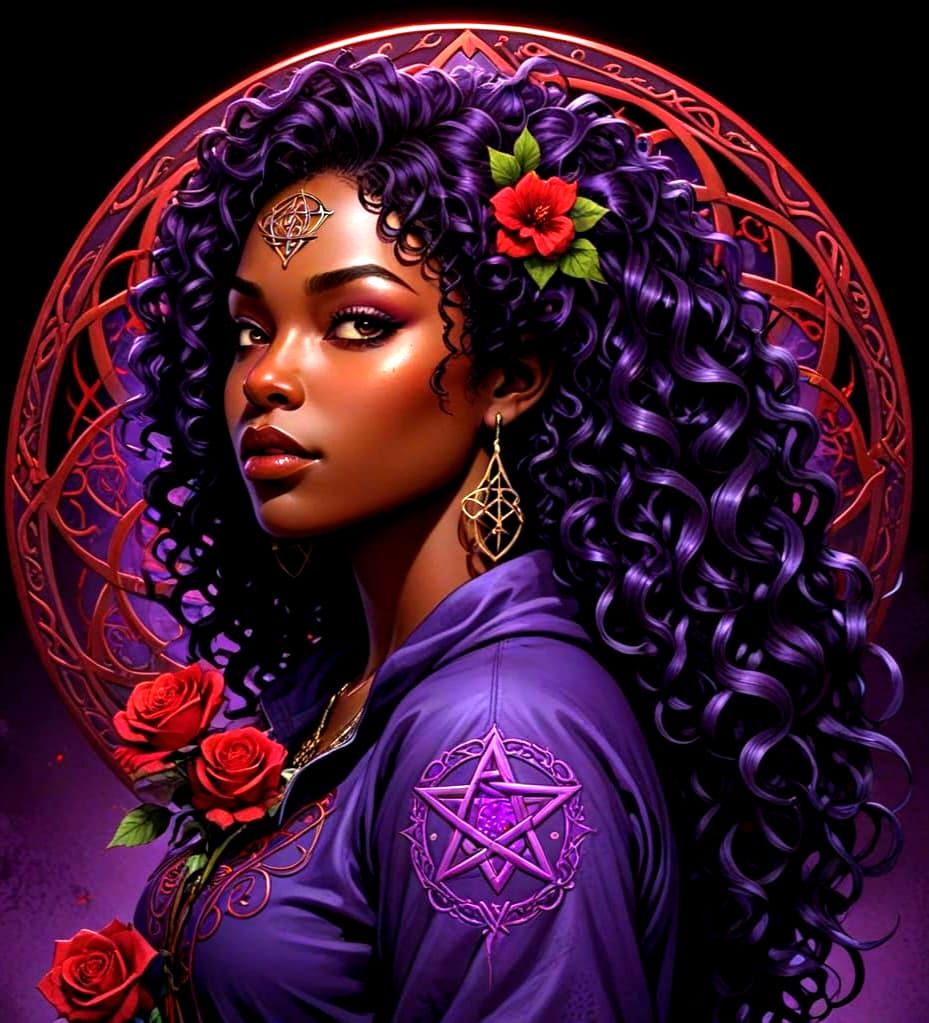 African Goddess with Vibrant Hair and Fantasy Symbols