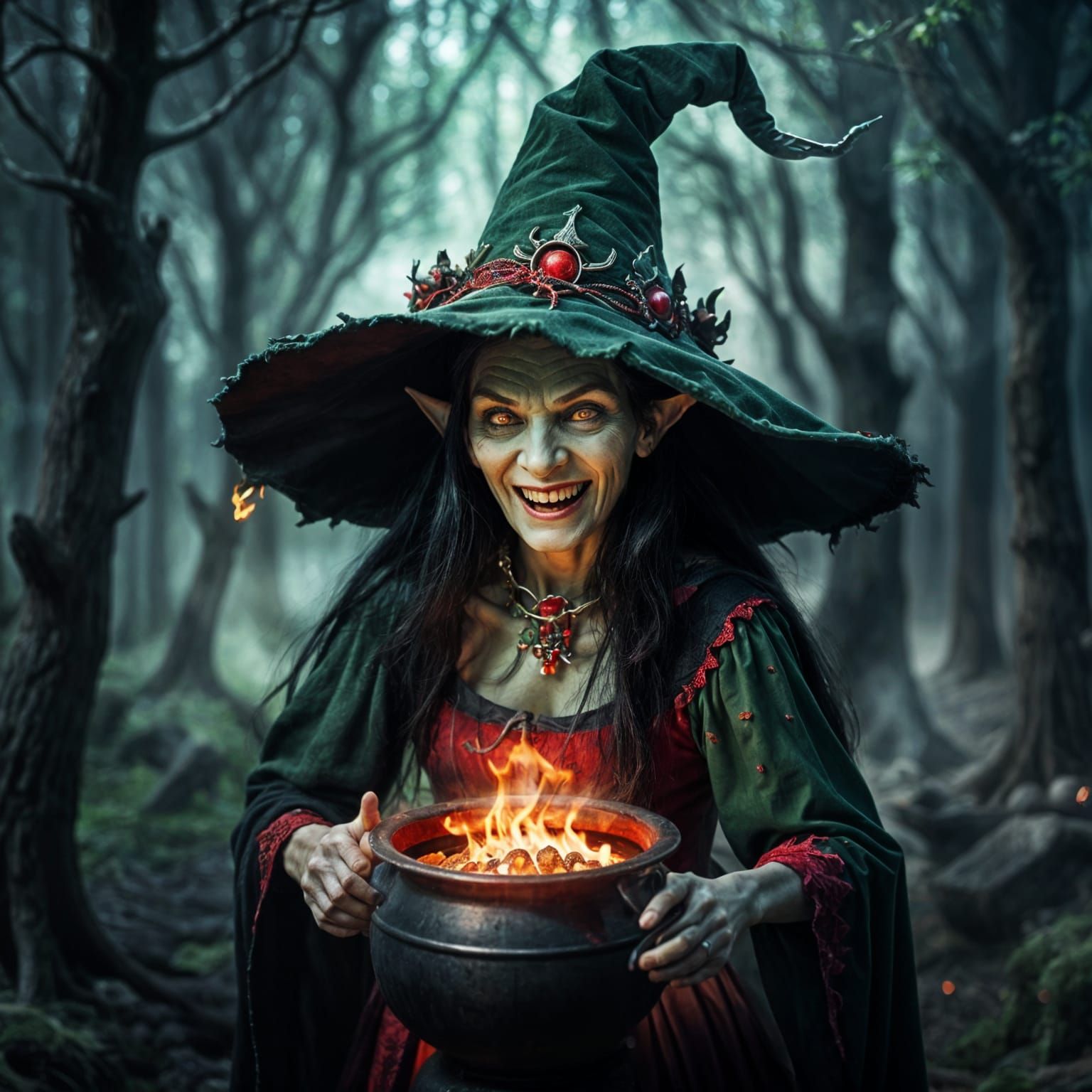 Ugly Elf Witch Laughing near Boiling Cauldron