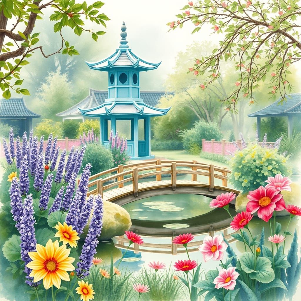 Serenity in Soft Watercolors: A Lush Garden Scene