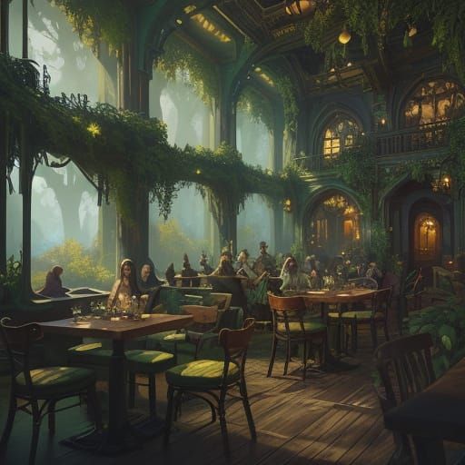 Whimsical Fantasy Coffeeshop Scene in Vibrant Colors