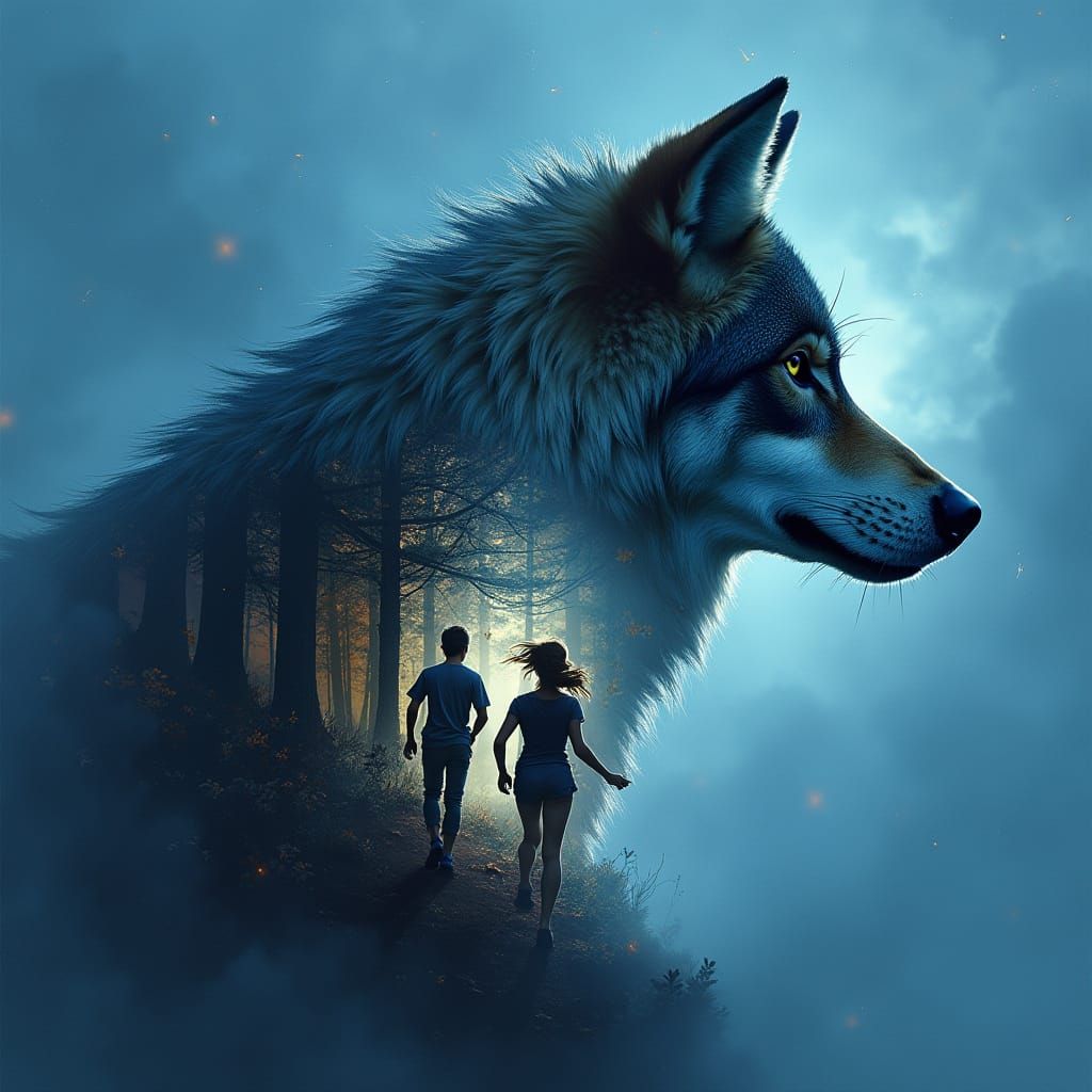 Wolf Silhouette Double Exposure with Lightning and Forest Sc...