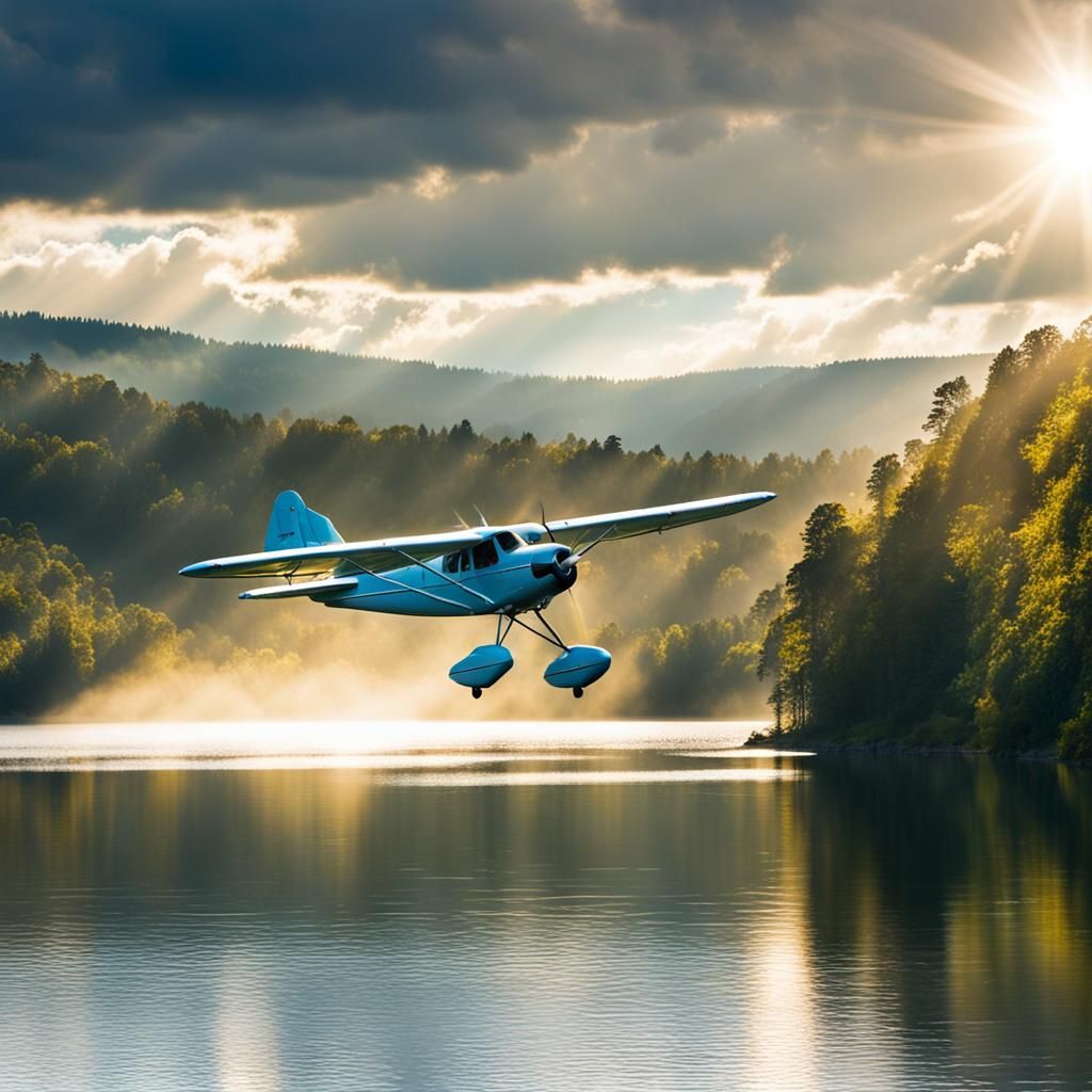 Vintage Aircraft Flying Over Lake in Sunlight
