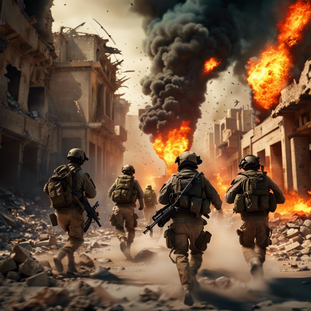 Soldiers in Kandahar Ruins: Detailed Matte Painting