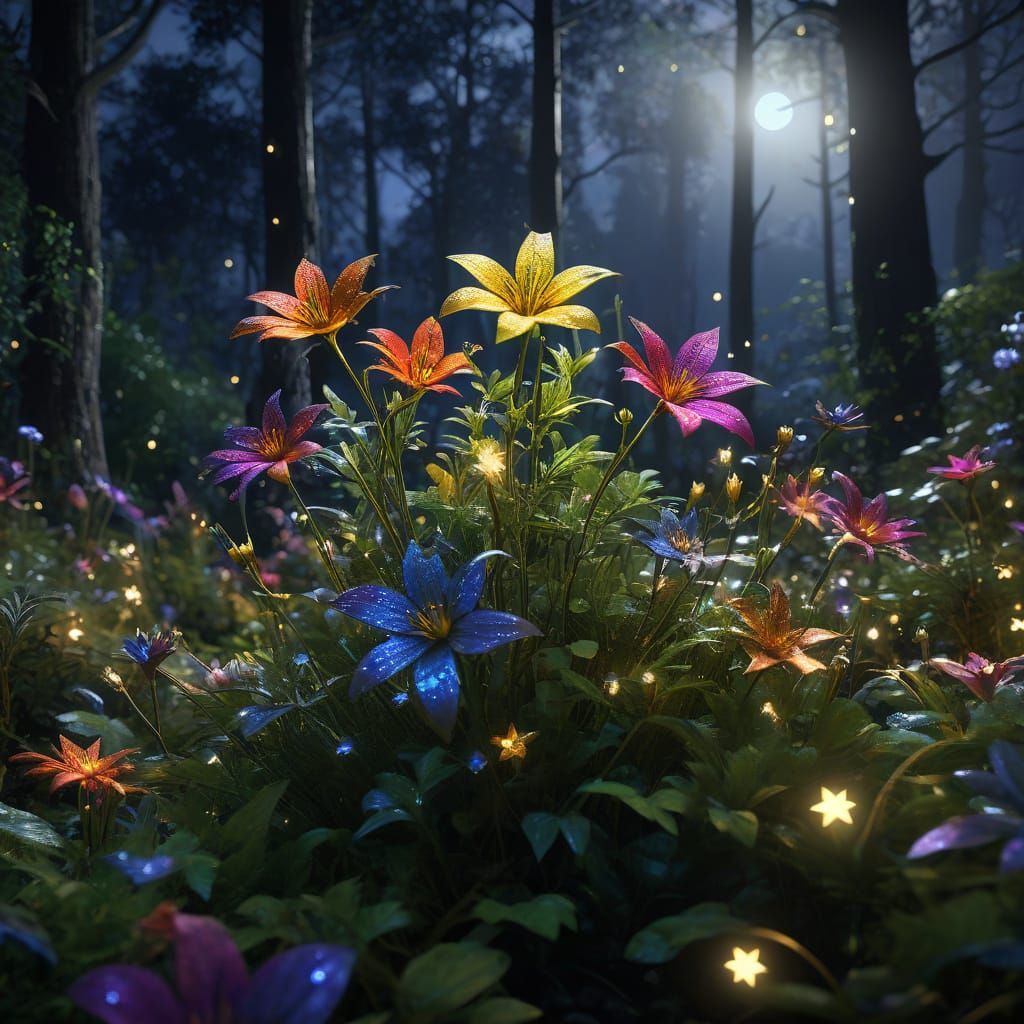 Rainbow Stars Bloom in Moonlit Enchantment