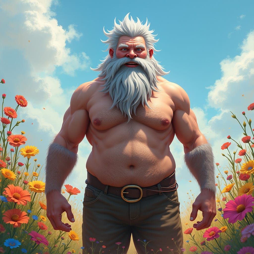 Gray-Haired Gentleman Amidst Vibrant Floral Landscape in Hyp...