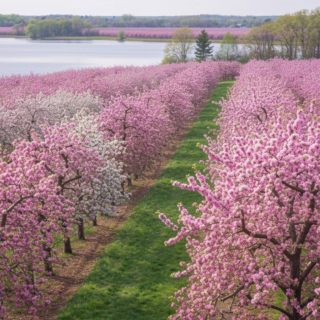 Wisconsin Apple Orchard Blossoms Near Lake in Monet Style