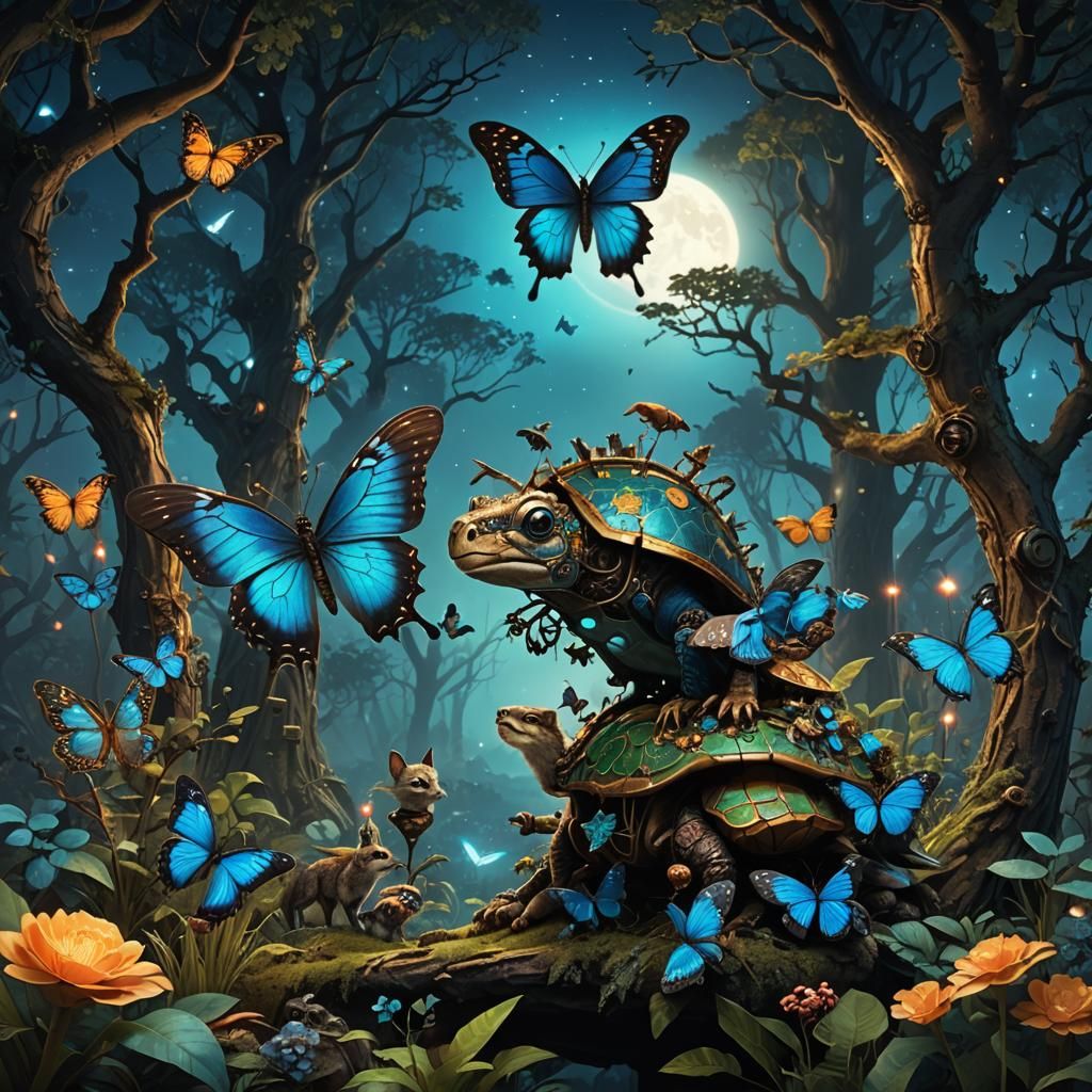 Steampunk Butterfly, Foxes, and Turtle in Magic Forest