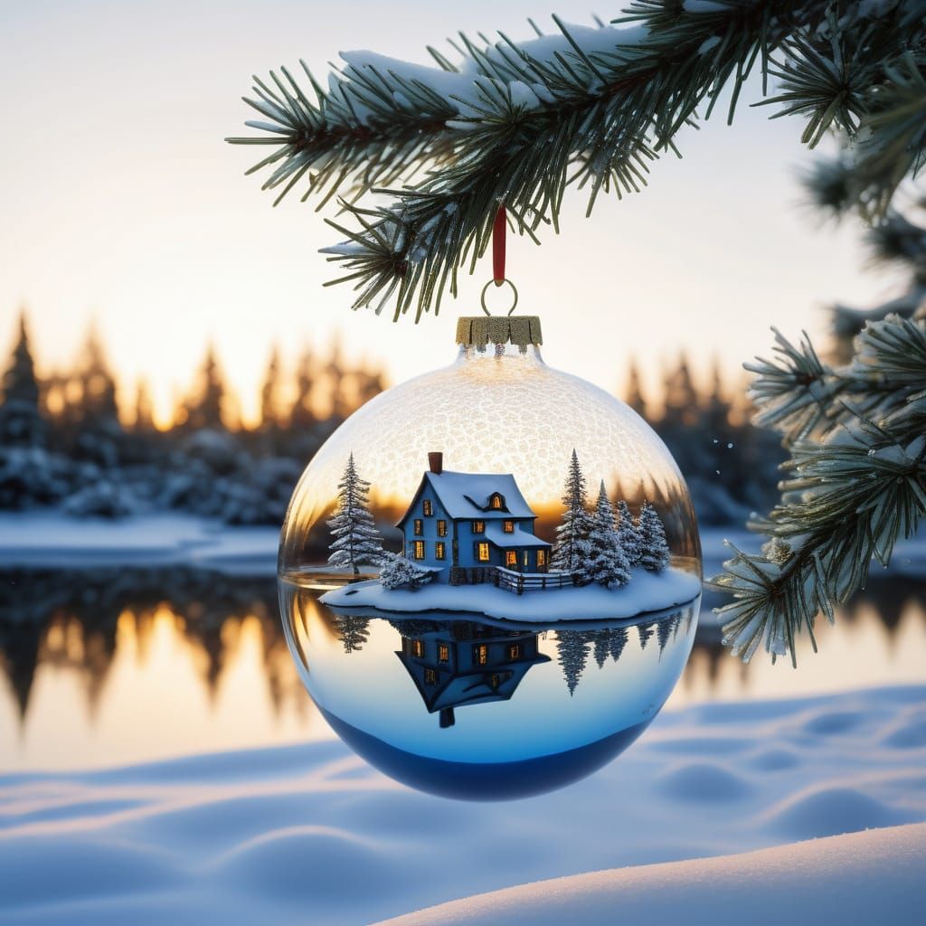 Surreal Christmas Ornament Reflecting Fairytale Scene