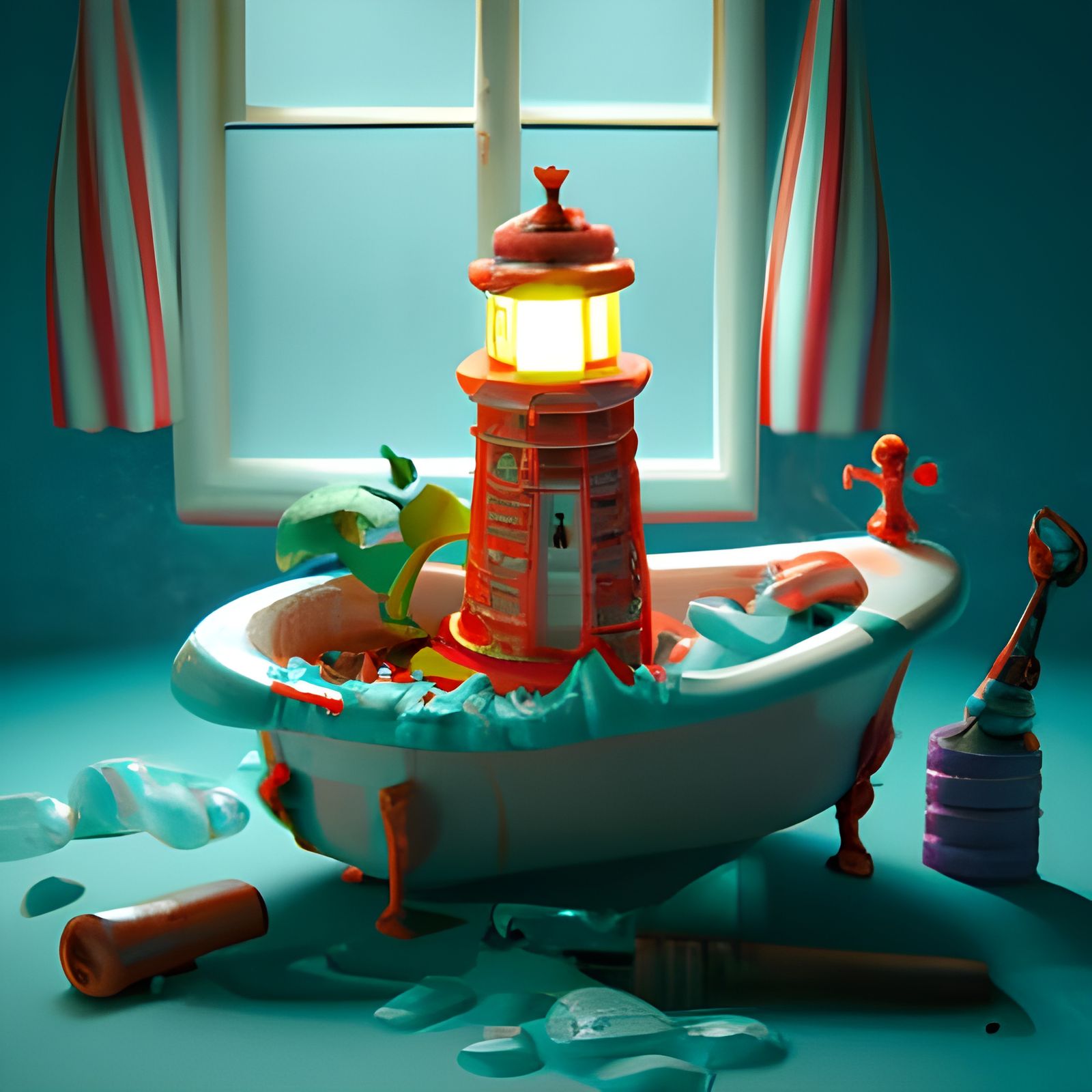 Toy Lighthouse in Bathtub: Detailed Matte Painting